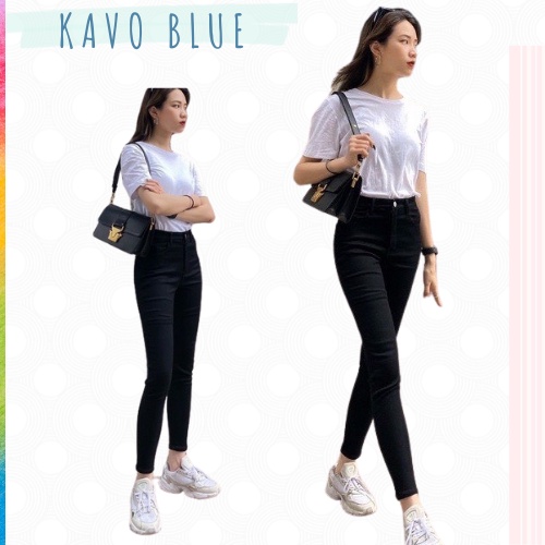 Quần Jean Nữ Lưng Cao Skinny KAVO BLUE Tôn Dáng Đen Có Gấu KB505-1269