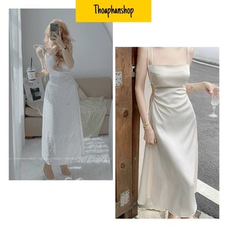 Đầm midi lụa hai dây buộc vai cut out eo hai màu