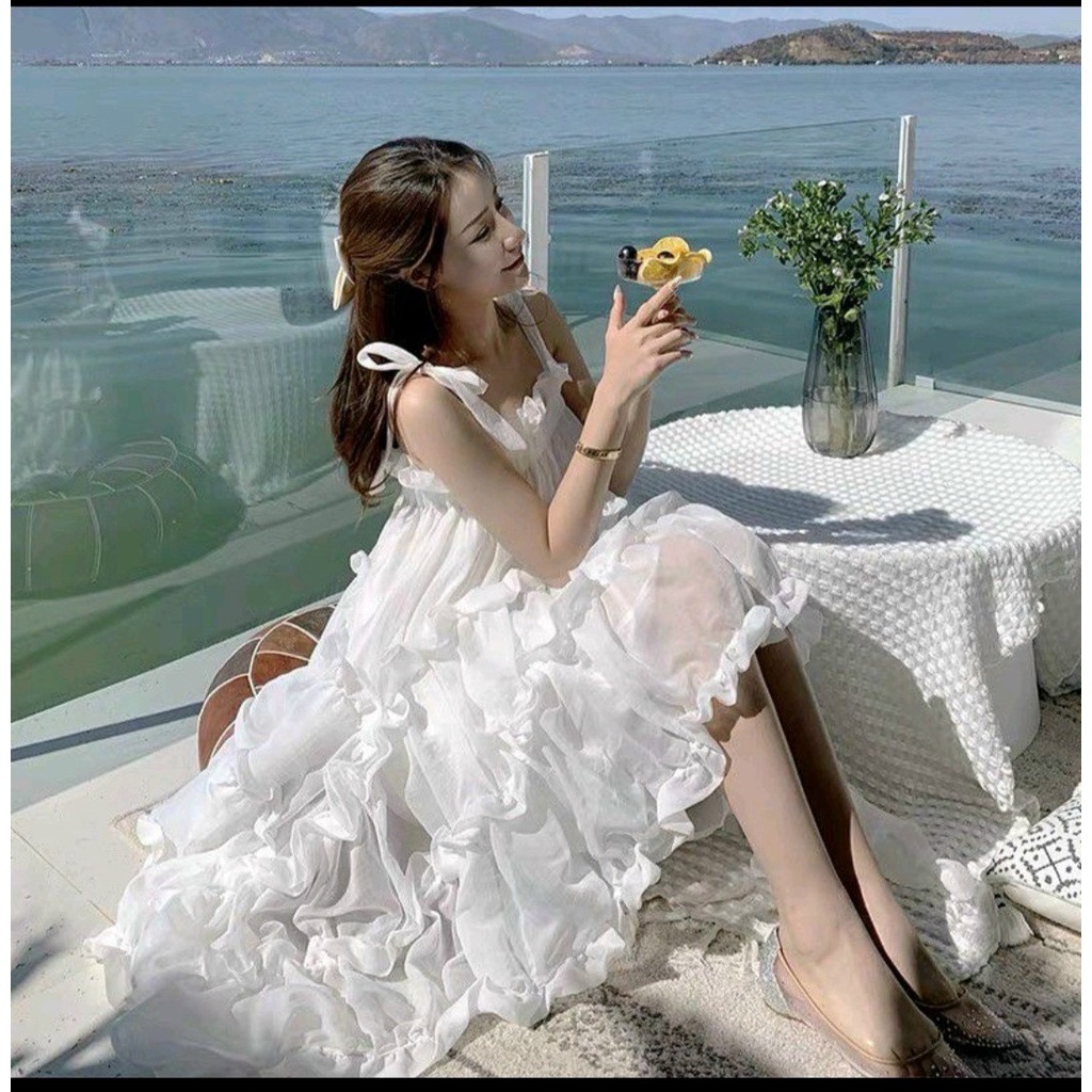 [11.11 Sale Freeship] Đầm tiểu thư nữ màu trắng xinh xắn,đầm công chúa hai dây thắt nơ vai chất voan tầng cực xinh dx