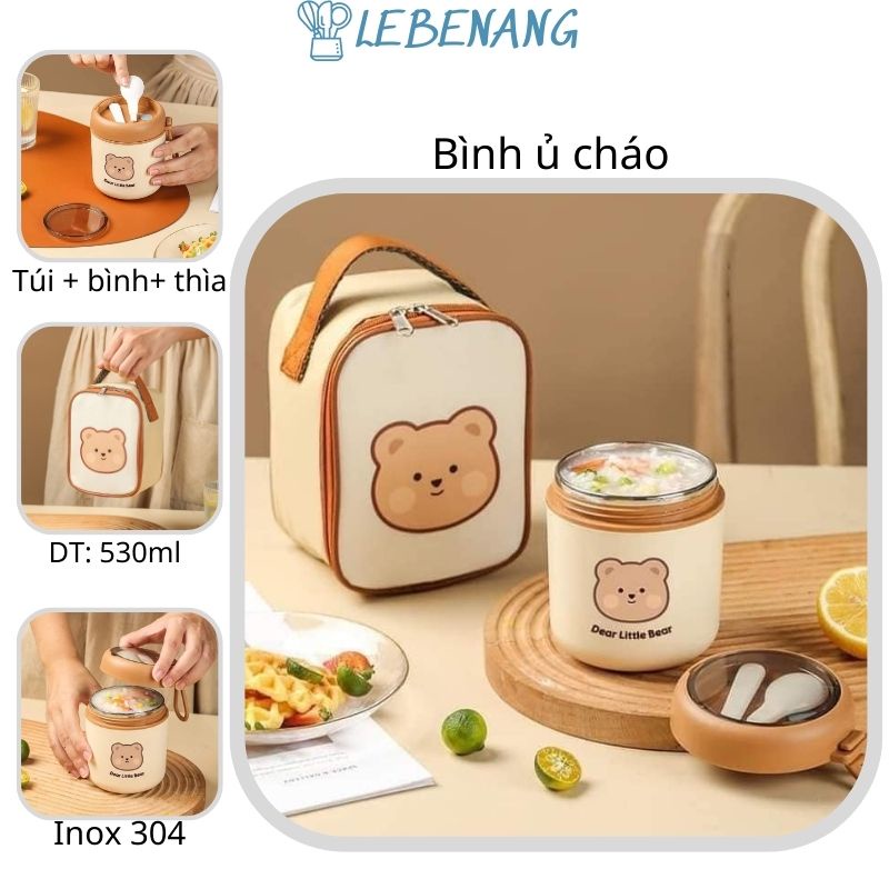 Bình ủ cháo cốc đựng canh inox 304 tặng kèm túi giữ nhiệt cho hình gấu siêu xinh LEBENANG