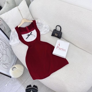 Đầm mini nhung phối ren nổi đen - đỏ