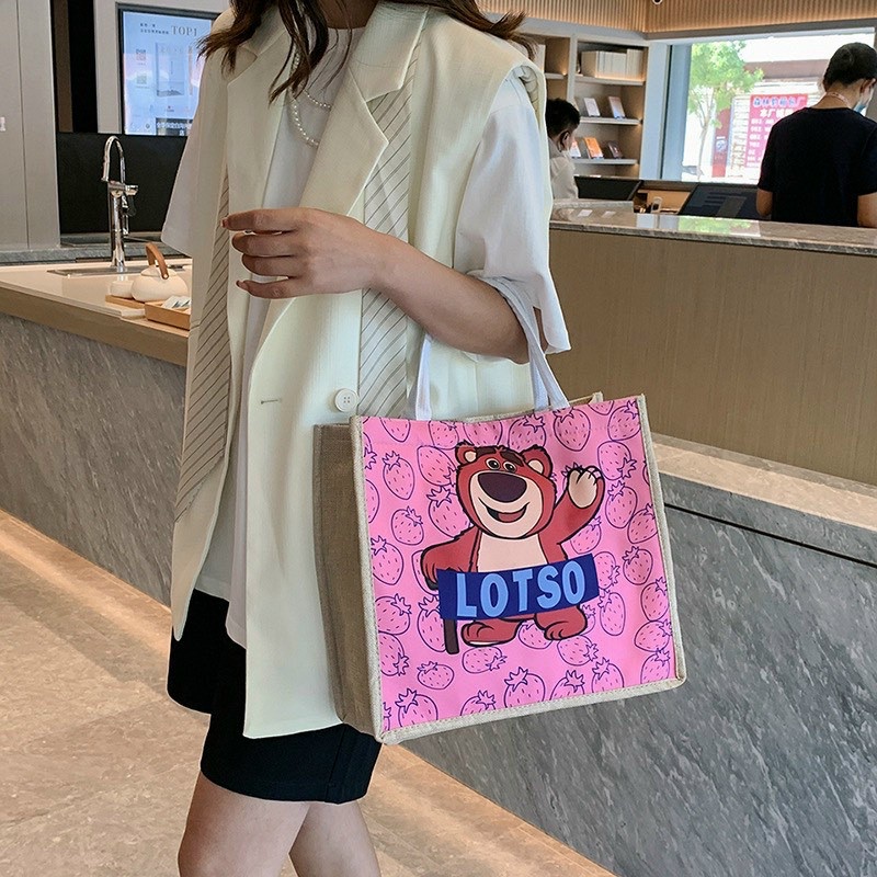 Túi xách nữ, túi cói LOSTO gấu hồng đựng tiện ích siêu tiện lợi phong cách Nhật Bản