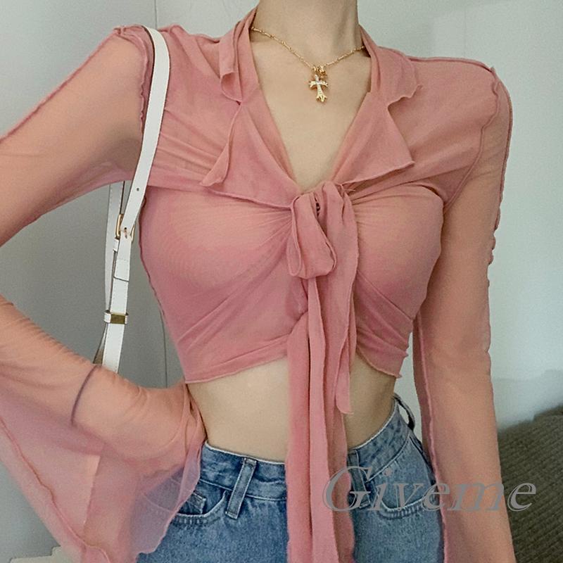 Áo Thun Crop Top Lưới Tay Dài Xuyên Thấu Màu Trơn Thời Trang Đường Phố Dành Cho Nữ