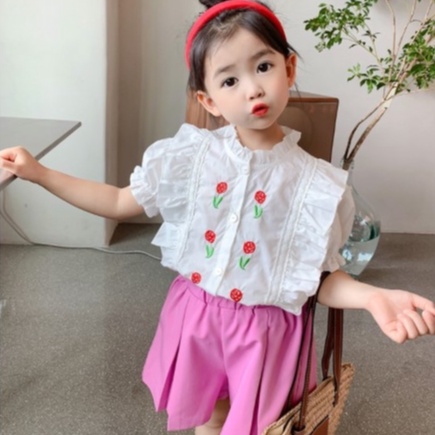 Babyfair. Bộ Áo Sơ Mi Tay Ngắn Phồng + Quần Short Thời Trang Mùa Hè Cho Bé Gái