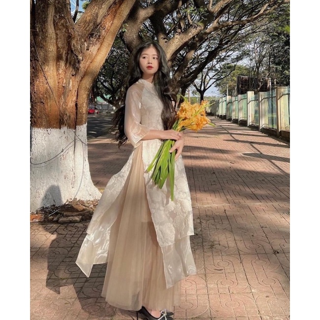SET Áo Dài hoa nổi tay lỡ kèm Chân Váy midi nude dập ly diện Tết NÀNG CLOSET