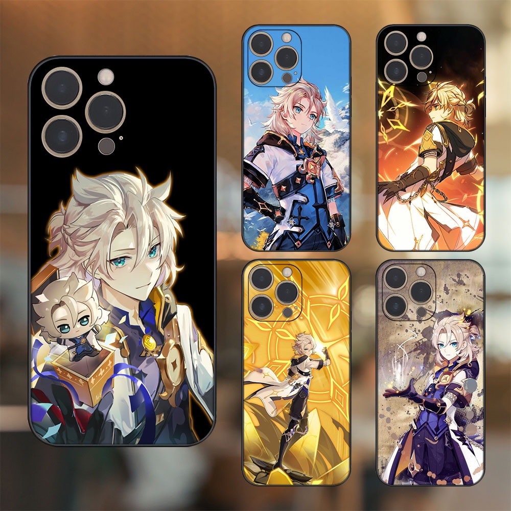 Ốp lưng iPhone 14 Pro dẻo đen cạnh vuông in hình Albedo Genshin Impact