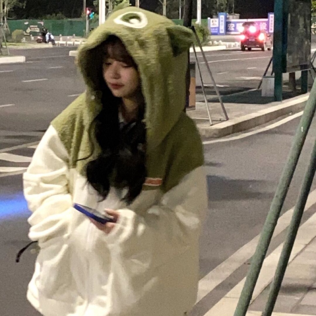 Áo Khoác Len Lông Dày Dáng Rộng Phối Màu Khối Thời Trang Thu Đông Hàn Quốc Cho Bé Gái