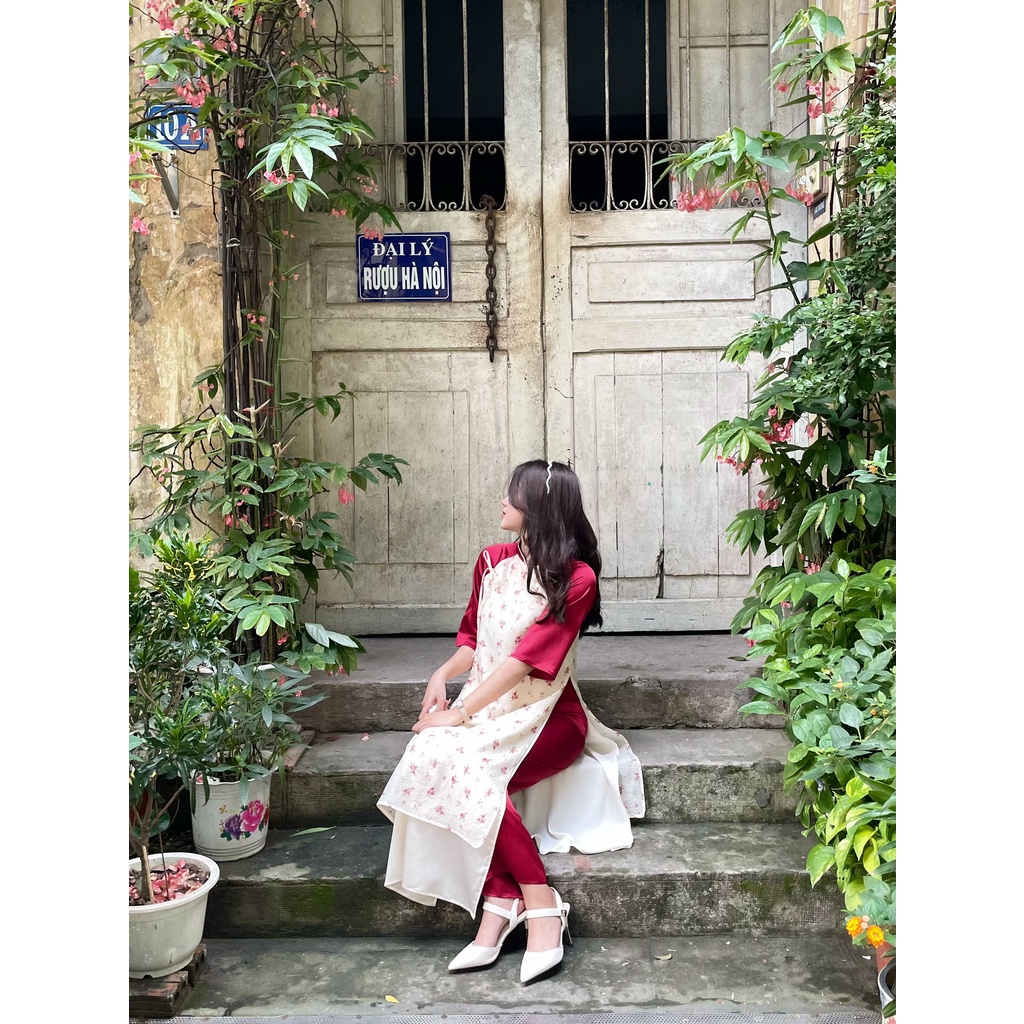 Áo dài cách tân nữ thiết kế 4 tà dáng suông hoa nhí tiểu thư diện đám cưới đi chơi Tết Vayemcloset