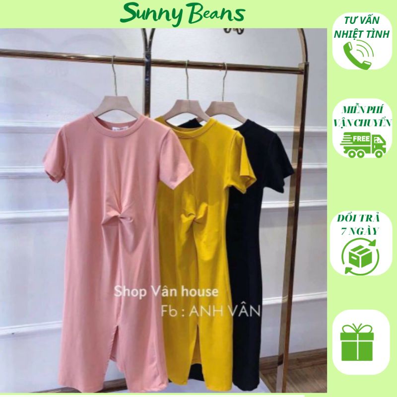 Váy xoắn eo trơn không hình chất cotton cổ tròn xẻ tà