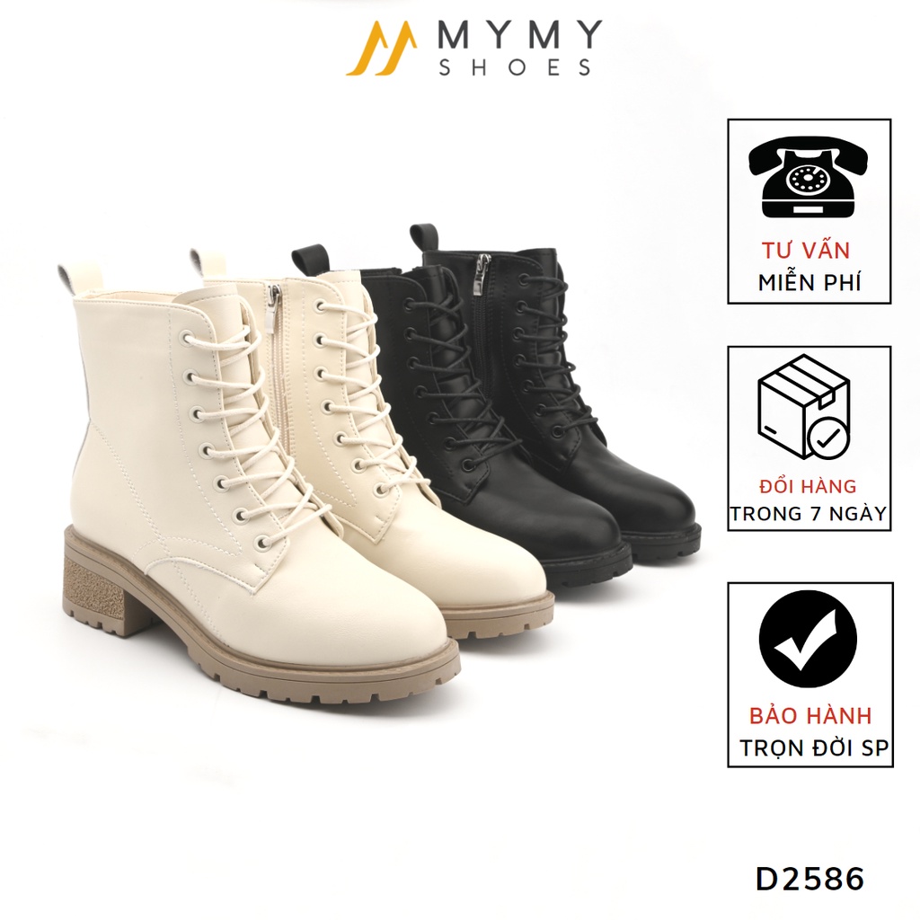 Giày Boot Nữ Cổ Cao Mymyshoes Chất Liệu Da Lì Đế Răng Cưa, Có Khóa Bên Cạnh Và Dây Buộc (D2586)