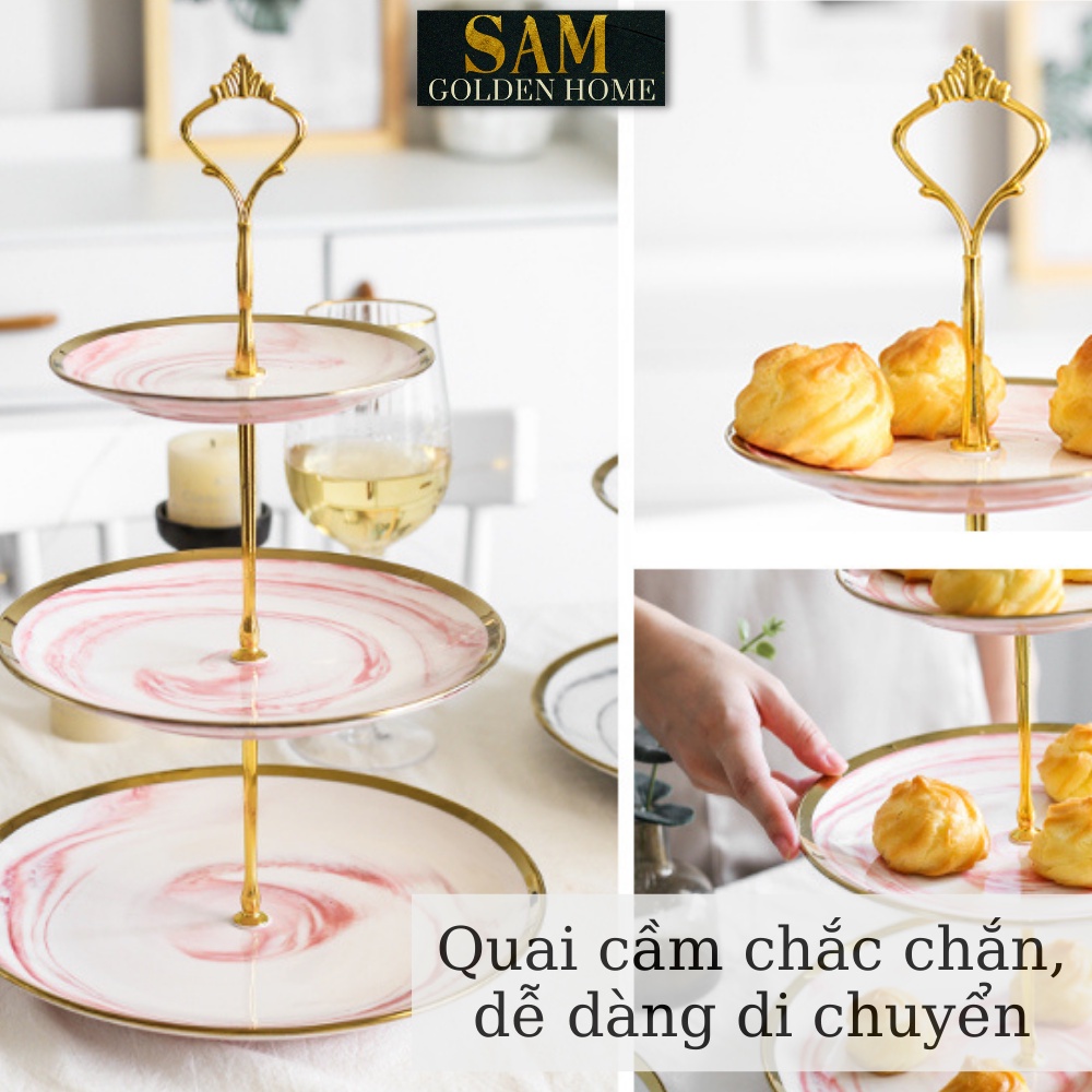 Khay Đĩa 3 Tầng Pylu Hình Tròn Sứ Tráng Men Mạ Vàng Vân Đá Đựng Bánh Mứt, Hoa Quả, Trái Cây Cao Cấp