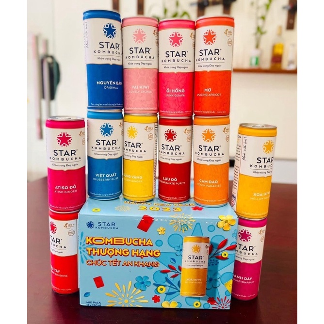 Thùng 12 lon trà Star Kombucha mix vị 250ml date 2024