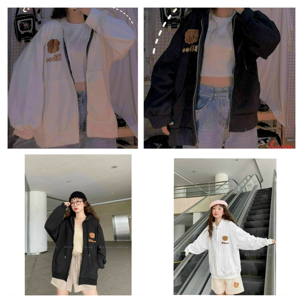 Áo Khoác Hoodie & Sweater Nữ Logo Thêu Chữ BIBBO Phối Hình Gấu Chất Nỉ Mềm Mịn Có Nón 2 Lớp Che Nắng Rất Tốt TPkhoac