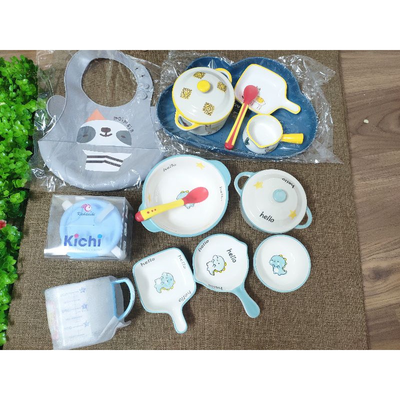 Set bát sứ màu xanh cho bé ăn dặm kèm khay mây cho bé ăn dặm ạ, combo bát ăn dặm