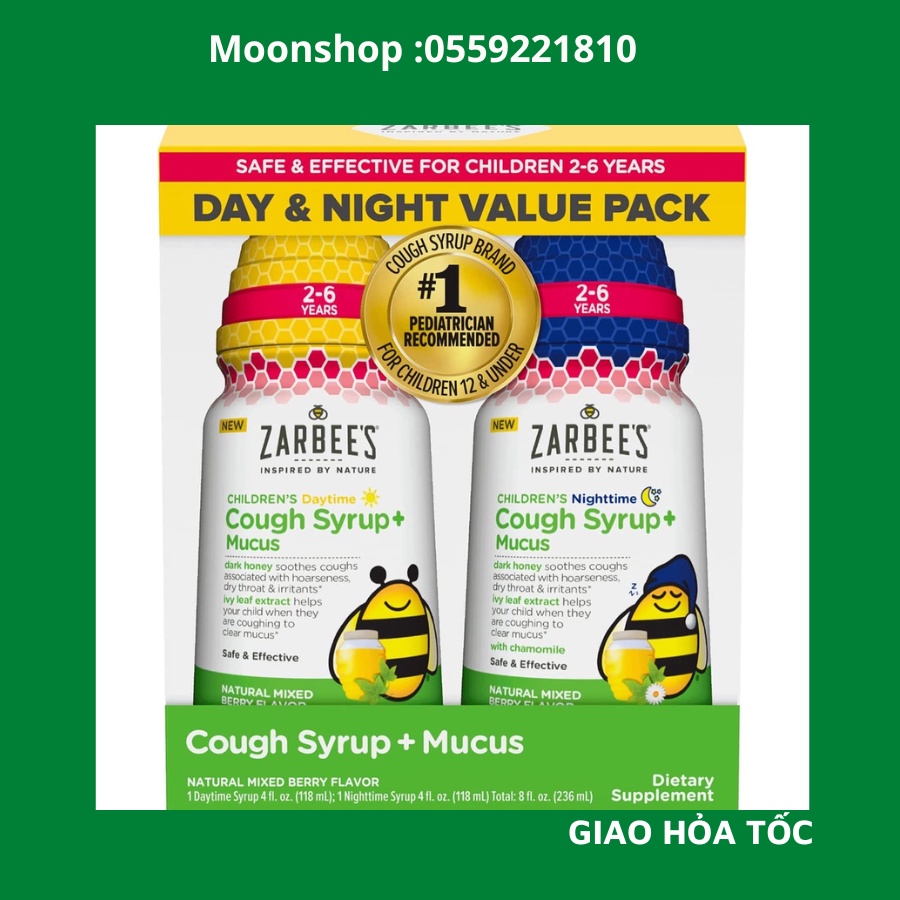 zarbee Siro Giảm Ho Tiêu Đờm, Zarbee's Kids Cough + Mucus Day / Night Value Pack với Mật ong đen,ngày và đêm 118ml