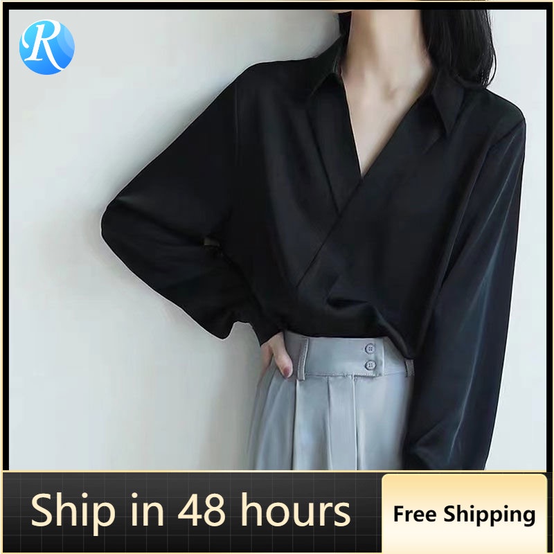 Áo Sơ Mi Chiffon Cổ V Tay Dài Dáng Rộng Màu Đen Thời Trang Xuân Thu Dành Cho Nữ Y2K