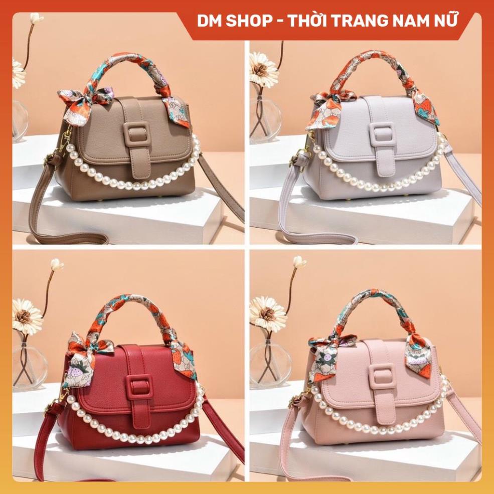 Túi đeo chéo nữ , Túi xách đeo vai phối quai ngọc trai kèm khăn tết cầm tay màu đen ghi nâu hồng thời trang DM Shop