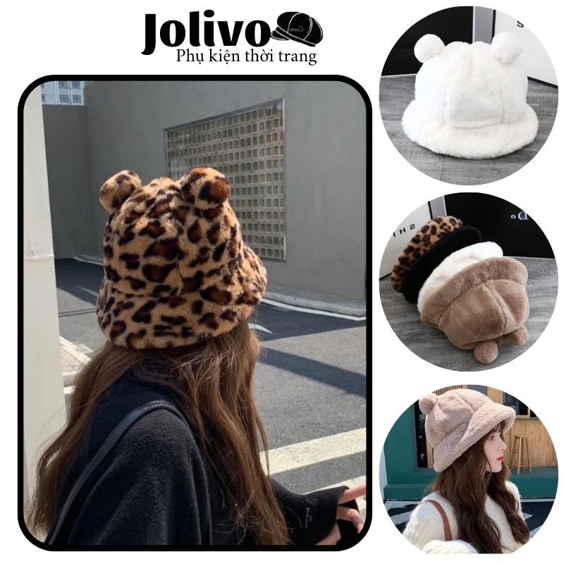 Mũ lông nữ nón bucket lông cừu tai gấu 5 màu siêu đáng yêu jolivo