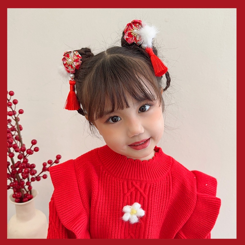 Kẹp Tóc Tua Rua Ruy Băng Màu Đỏ Phong Cách Trung Hoa Mừng Năm Mới Cho Bé Gái