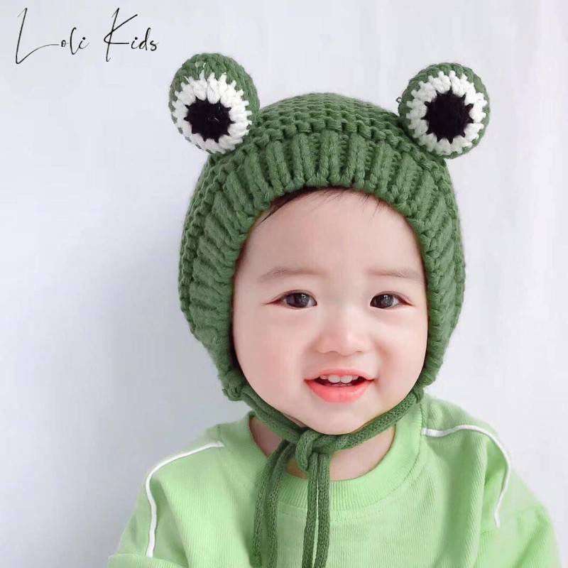 Mũ len cho bé mũ len lót lông hình mắt ếch cho bé siêu đáng yêu