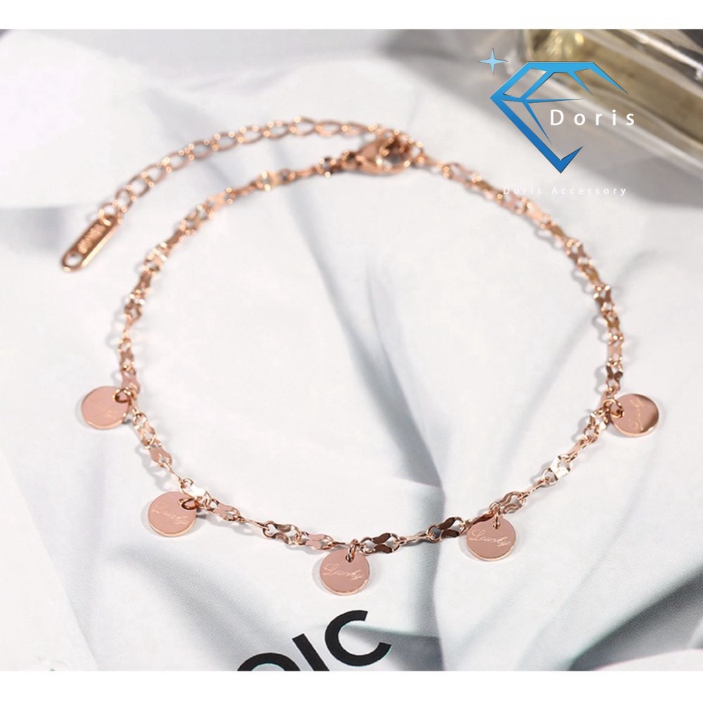 Lắc chân nữ Doris titan dây dẹp thẻ tròn lucky Gold / Siver / Rose Gold H14-111