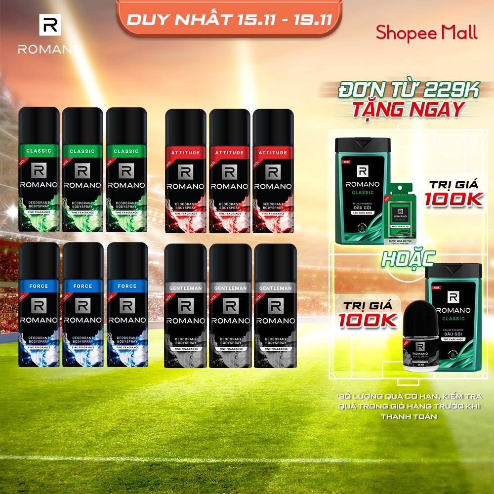 Combo 3 Xịt khử mùi toàn thân ngăn mồ hôi và mùi cơ thể Romano 150ml/chai - 4 mùi hương có sẵn