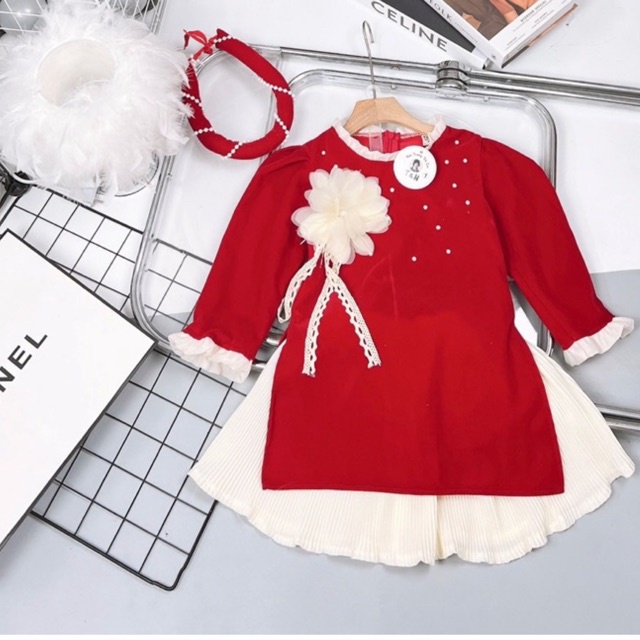 Set áo dài Nhung kèm vấn ngọc xinh xắn cho bé gái