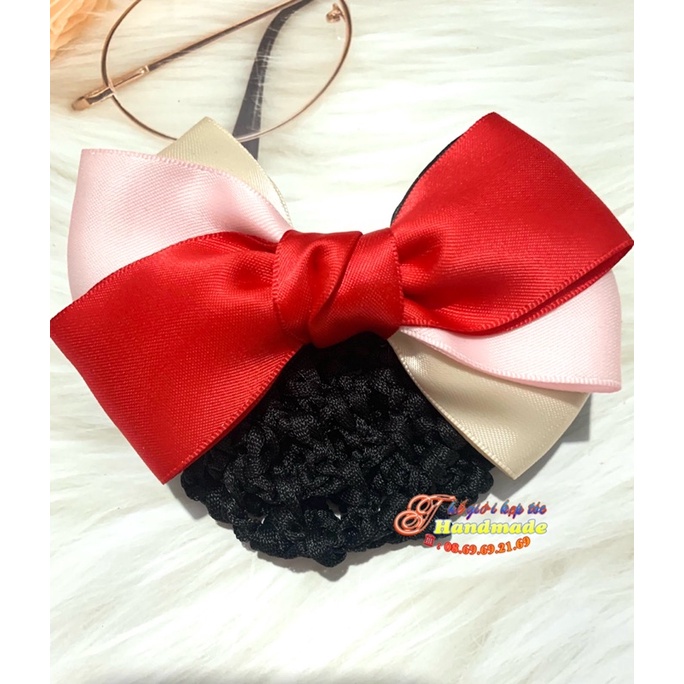 Kẹp tóc búi lưới handmade ba màu đỏ pha