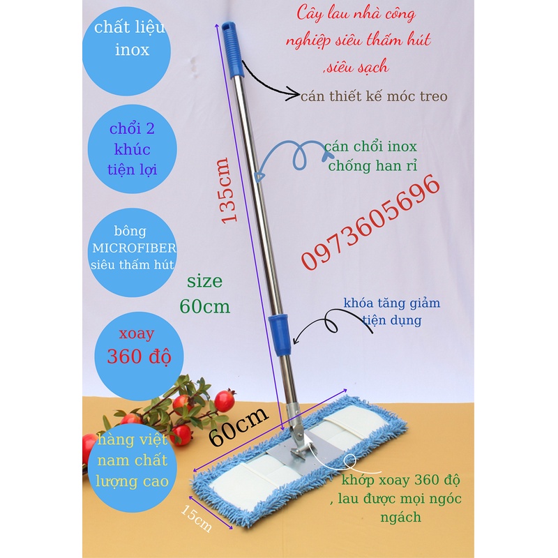 Cây lau nhà, Chổi lau nhà công nghiệp 45cm - 60CM - 90CM chính hãng. Tấm lau san hô rời Microfiber siêu sạch , siêu hút