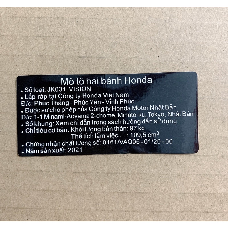 Tem năm sản xuất 2021 các dòng xe Honda .. Tem zin chuẩn hãng honda