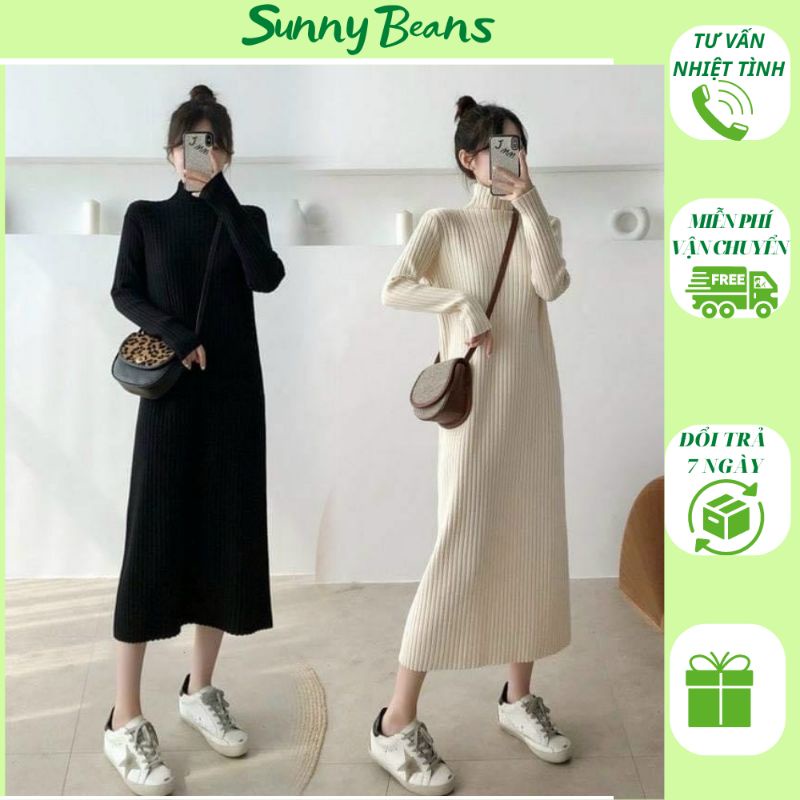 Váy len nữ dáng dài đầm len cổ ba phân màu đen be hàng Quảng Châu form suông rộng(kèm quà tặng)