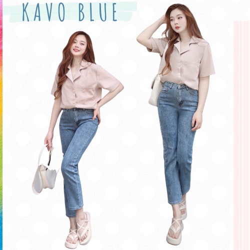 Quần Jeans Nữ Ống Đứng Co Giãn Hàn Quốc KAVO BLUE Lưng Cao Ống Suông Ghi Đá D61