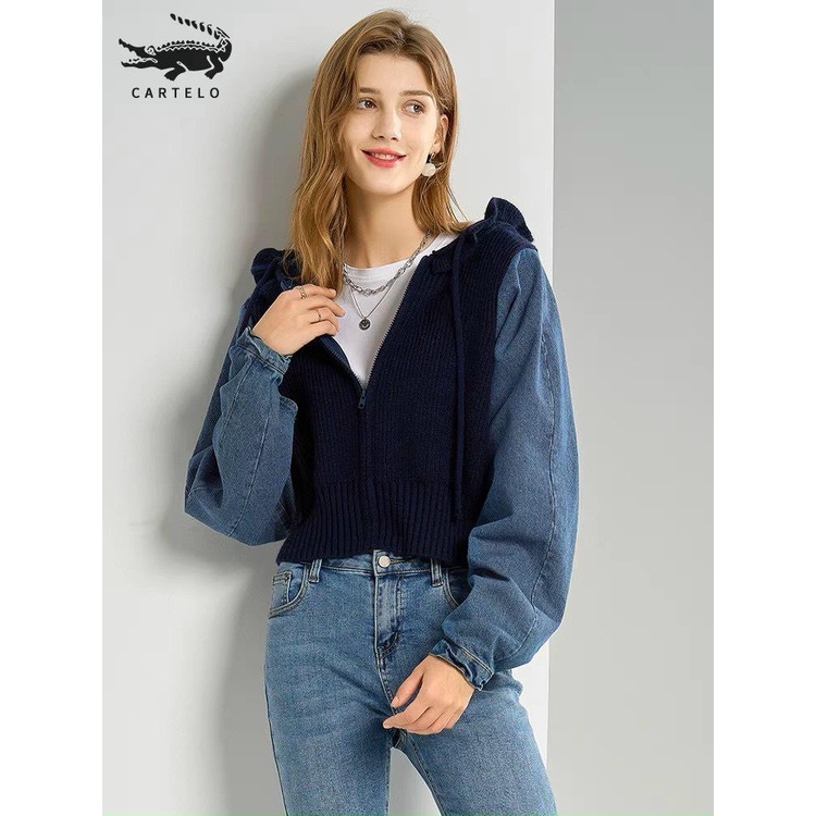 Áo khoác len nữ tay dài phối jean có nón hàng nhập