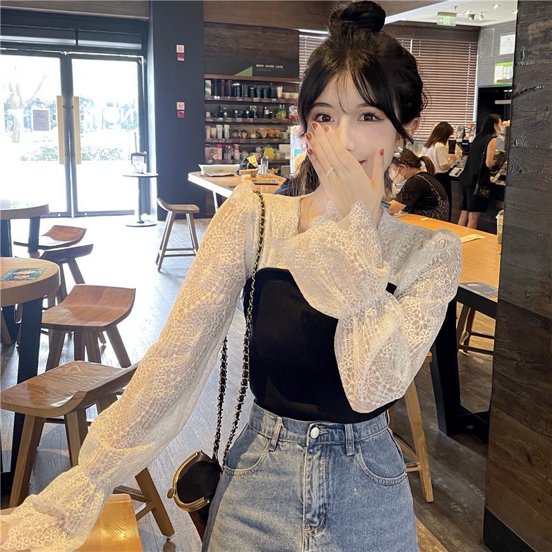 Jiashucheng Áo Thun Tay Dài Cổ Vuông Phối Ren Siêu Nữ Tính Phong Cách Mới Mùa Thu