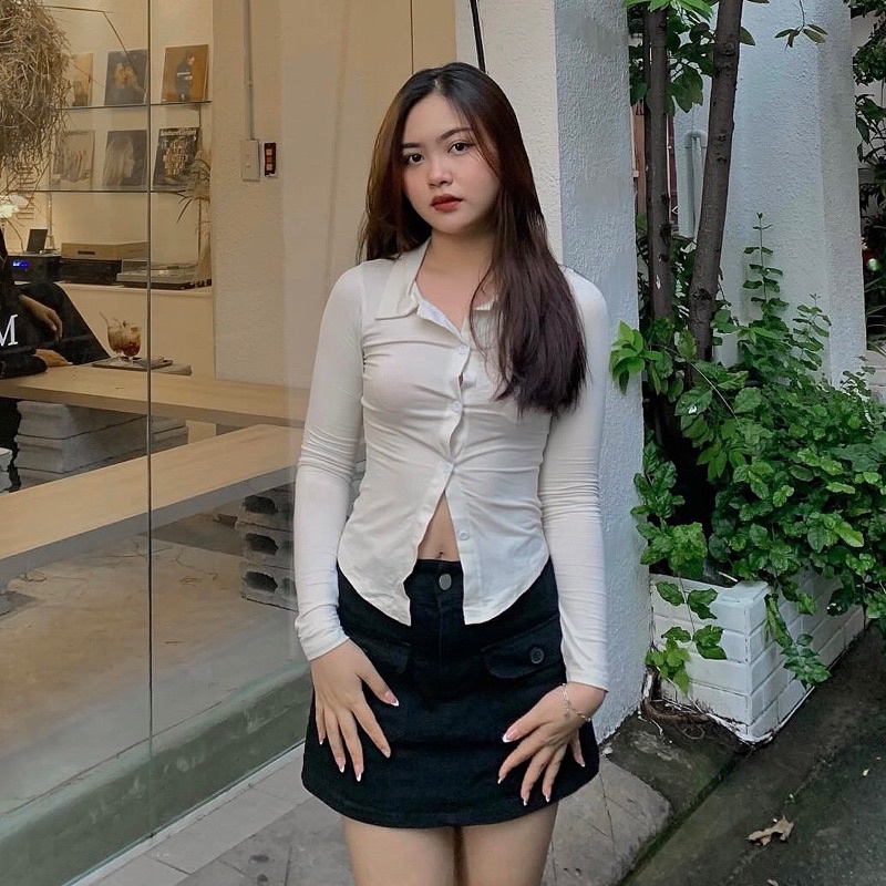 Áo gài nút cổ SƠ MI tay dài trắng, thun lạnh mát mỏng