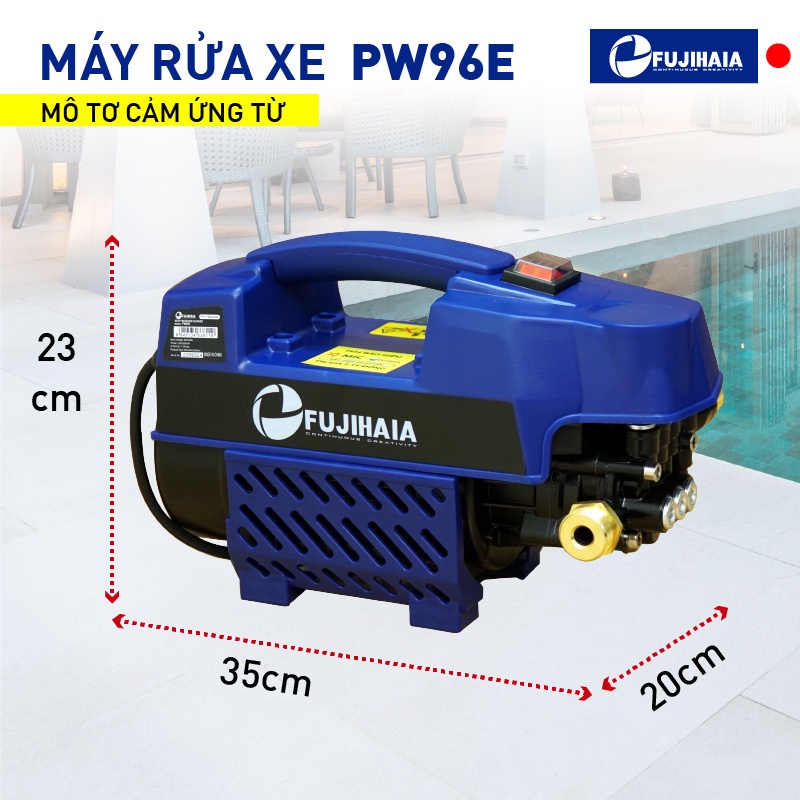 Máy rửa xe mô tơ cảm ứng từ FUJIHAIA PW96E áp lực nước 130bar - Đồng hồ chỉnh áp - Dây phun xịt 20m - Bảo hành 18 tháng