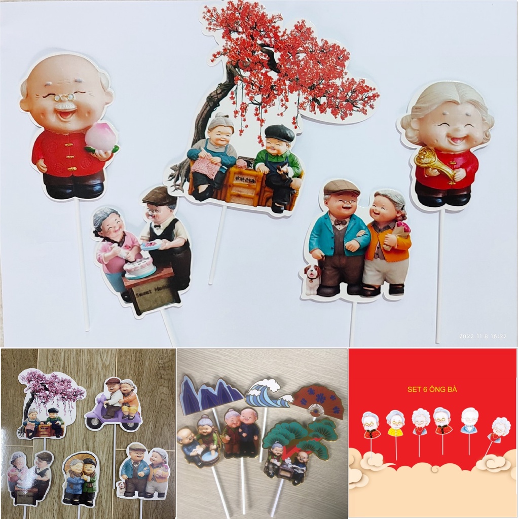 Set hình giấy ông bà trang trí bánh sinh nhật sinh nhật, bánh mừng thọ set cắm giấy hiện đại