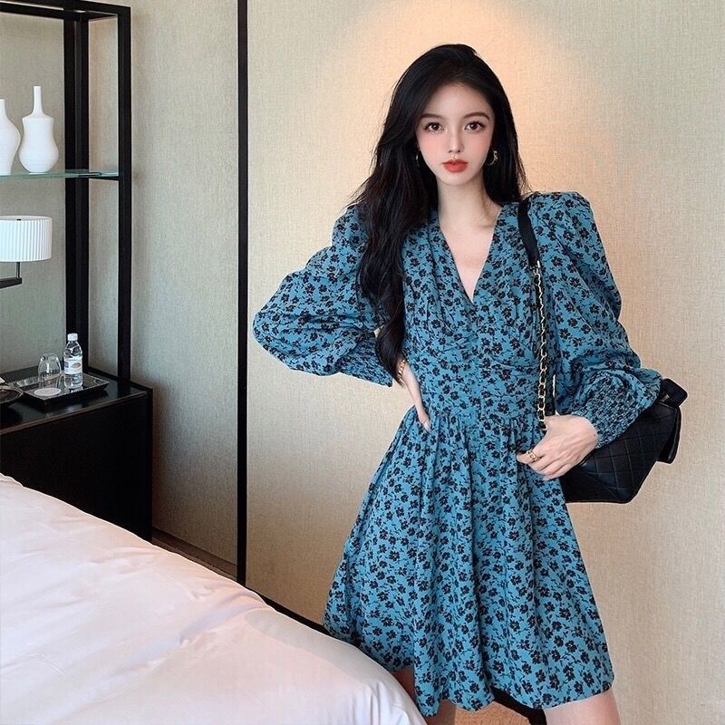 Đầm maxi Vải Voan Mỏng Tay Dài Màu Tím In Hình Hoa Chuông Xinh Xắn