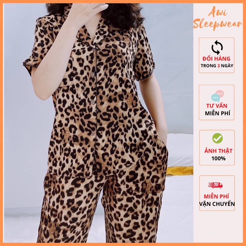 Bộ Pyjama Tay Ngắn Quần Dài Chất Lụa Mango Họa Tiết Beo - Awi Sleepwear