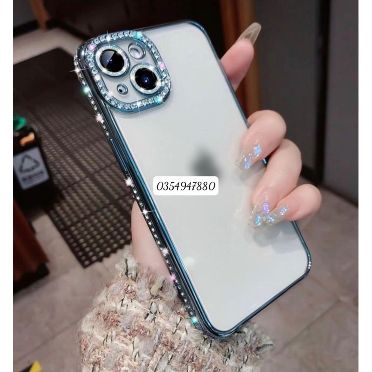 Ốp lưng Meruyi viền màu đính đá camera gắn nhũ cho iPhone 14 Pro Max, 14 Pro, 14 Plus, 13 Pro max lưng trong suốt