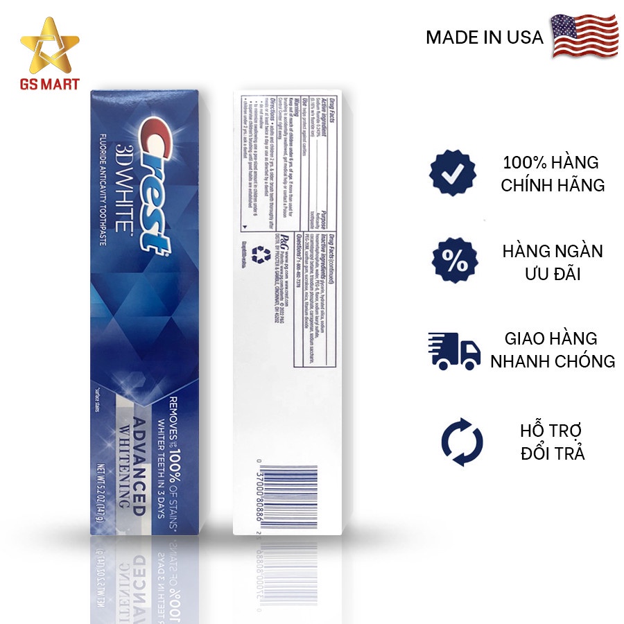 Kem đánh răng làm trắng răng Crest 3D White Advanced Tripple Whitening 158G nhập khẩu Mỹ