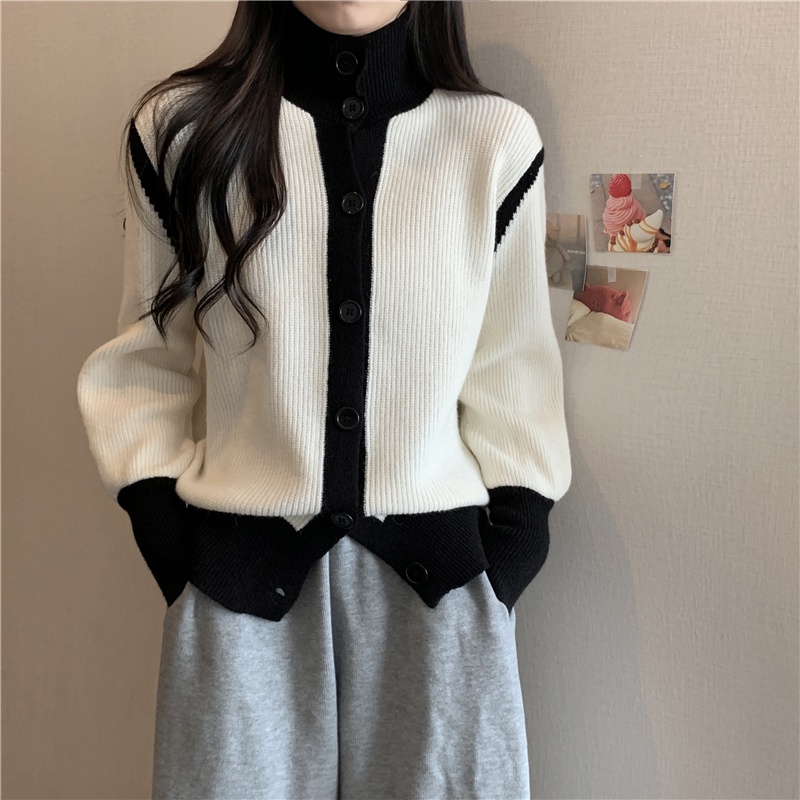 Áo Khoác Cardigan Dệt Kim Dáng Rộng Cổ Cao Màu Sắc Tương Phản Phong Cách Hàn Quốc