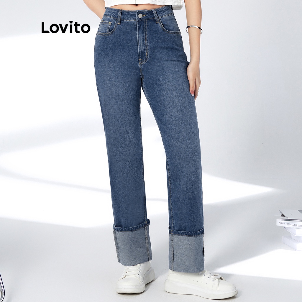 Quần jean nữ Lovito Flip-Up trơn giản dị L33AD097 (Xanh đậm)