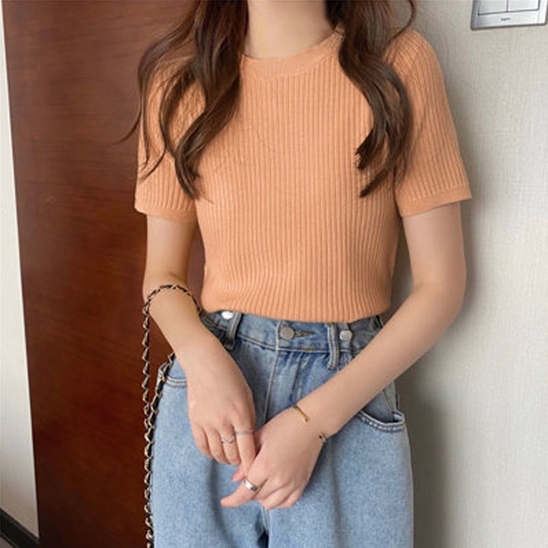 Áo Sweater Ngắn Cổ Tròn Dáng Ôm Thời Trang Mùa Hè Kiểu Mới Cho Bạn Gái