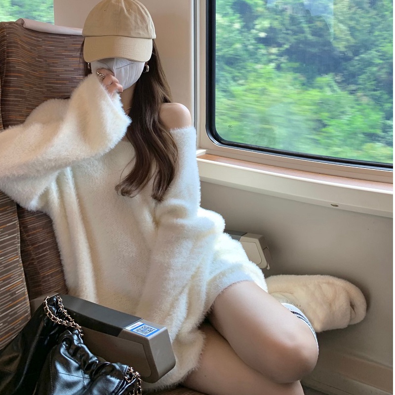 ZHELIHANGFEI Áo Khoác Len Lông Chồn Cổ Chữ V Dáng Rộng Thời Trang Mới Cho Nữ