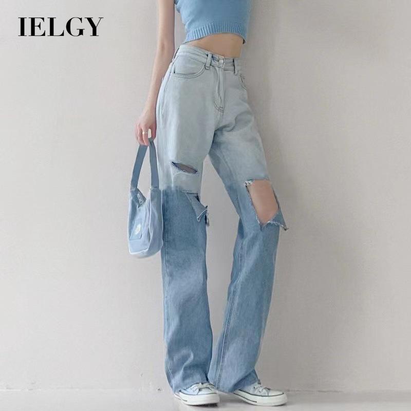 IELGYQuần Jean Lưng Cao Dáng Rộng Màu gradient Thời Trang Cho Nữ