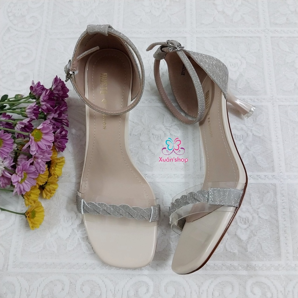 Giày sandal Dusto chất da phối ánh kim, gót nhọn 6cm