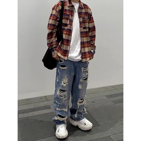 (Loại tốt) Quần jean ống rộng chi tiết rách gối chắp vá baggy jeans Sơn Tùng phong cách streetwear