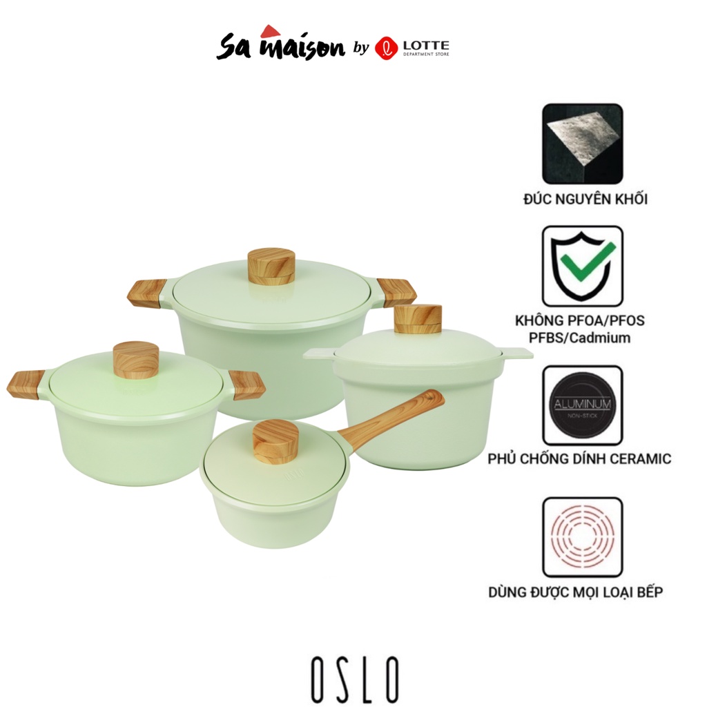 Bộ nồi chảo chống dính cho bếp từ OSLO Kokker làm từ nhôm đúc phủ gốm 18-20-22-24 cm Hàn Quốc màu Xanh mint