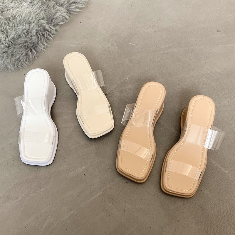 dép sandal đế dày Dép lê đi bên ngoài nữ mùa hè năm 2022 mẫu mới đế xuồng trong suốt